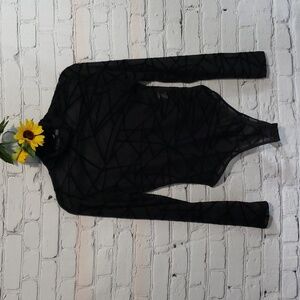 Black sheer bodysuit mock turtle, unique velvet strip "web" Sz M Jome Design